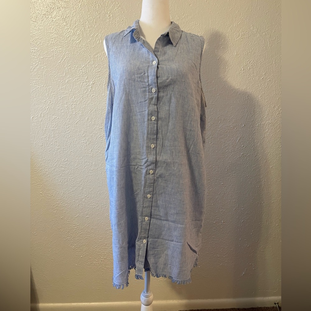 Beach Lunch Lounge Sleeveless Blue Striped Button-Down Dress